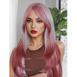 FANCEE Red Gray Feather Layered Wig with Curtain Bangs 26 Inch Long Burgundy Dip Dye Wavy Wig for Women Synthetic Heat Resistant Ombre Silver Gray Curly Ends Wig for Party Daily Costume Use