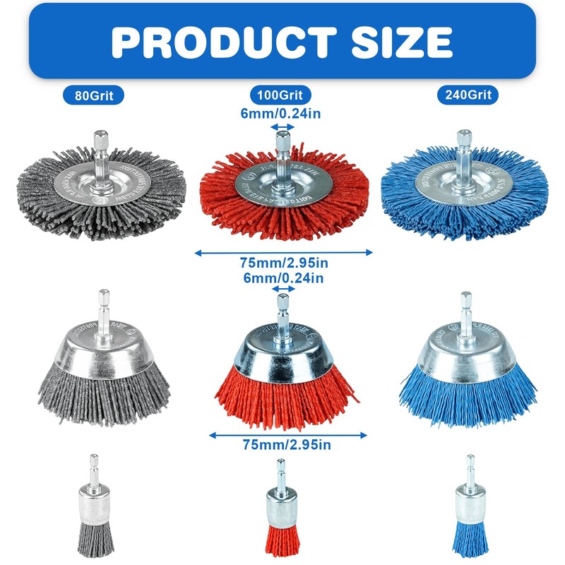 Set of 9 Nylon Wire Cup Brush, Wire Brushes Nylon