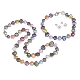 Treasure Bay MultiColour 8-9mm Baroque FreshWater Pearl Jewellery Set for Women Ladies Girls Pearl Necklace Bracelet Earrings Gift for Her, Mum, Wife, Christmas Birthday Gift (19 In)