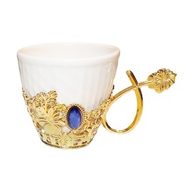 Chandler White Porcelain Coffee Cup Set with Golden Acrylic Accent and Blue Gem - 6 Cups and 6 Saucers - Gift Box Included (Square)