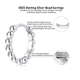 Silver Hoop Earings for Womens - S925 Sterling Silver Earings, Cartilage Sleeper Bead Hoops, Silver Hypoallergenic Earrings Helix Tragus Jewellery Endless Huggie Cuff Hoops, Silver 12mm