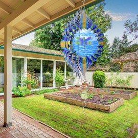 Eiryhope Animated Dragonfly Wind Spinner 12in 3D Metal Wind Spinners Creates a Fluttering Dragonfly Effect Outdoor Hanging Decor for Garden Yard, Dragonfly Gifts for Women Wife Grandma Mother Father