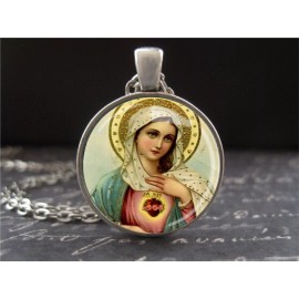 Ever & Anon Vintage Madonna Immaculate Heart Mary Crown Figure Prayer Card Art Necklace New
