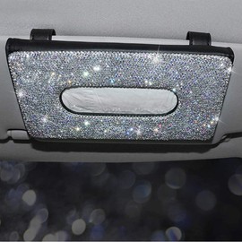 6 Pieces Bling Crystal Car Accessories Set Includes Car Visor Tissue Holder Leather Crystals Paper Towel Cover Case, Ring Emblem Sticker, Valve Stem Caps Tire Valve Dust Caps for Women (6PCS/Set)