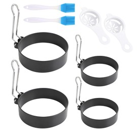 Set of 4 Fried Egg Moulds, Pancake Moulds, Versatile Stainless Steel Fried Egg and Pancake Moulds - Set of 4 Moulds (7.5 cm & 9 cm) + 2 Egg Separators and 2 Brushes for Perfect Breakfast Variations