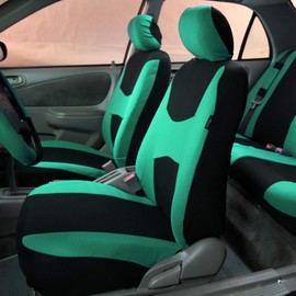 FH Group Light & Breezy Flat Cloth Car Seat Covers Combo Set with Steering Wheel Cover and Seatbelt Pads- Fit Most Car, Truck, SUV, or Van (Mint / Black) FB030115