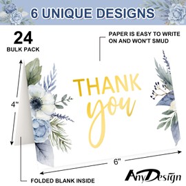 AnyDesign Blue Floral Thank You Cards Bulk Watercolor Flowers Note Cards with Envelopes Stickers Decorative Greeting Blank Cards for Birthday Wedding Baby Shower Holiday, 24 Pack, 4 x 6 Inch