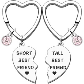 AWIWTOBQ 2PCS Best Friends Heart Keychain Set, Short and Tall Design with Pink Crystal Charm, Keyring Friendship Gifts for Women Best Friend
