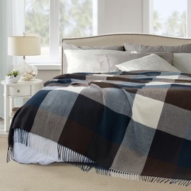 GINAMUSE Buffalo Plaid Twin Blanket for Couch with Tassels,60"X80" Soft Lightweight Knitted Boho Decorative Blankets for Bed and Sofa Navy Blue/Brown