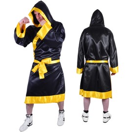 MAR | Men's Boxing Robes - Black Boxing Gown Hooded Robe Boxing Outfit for Kickboxing, Thai Boxing and Fancy Dress Boxing Robe Costume, Boxer Robe Costume, Unisex Polyester Silk Satin (Medium, Yellow)