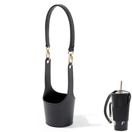 YACHUN Cup Holder, Waterproof, PU Leather, Shoulder Handbag, Drink Holder, Cup Sleeve, Outdoor Strap, Convenient to Carry, Round, Tumbler, Milk Tea, School, Work, Coffee Bottle Holder (Black)