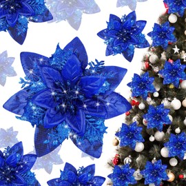 Glitter Christmas Poinsettia Artificial Xmas Flower Ornaments Flowers Decorations with Clips and Stems Glitter Poinsettia Christmas Tree Ornaments for Christmas Wedding (Pure Royal Blue,36 Pieces)