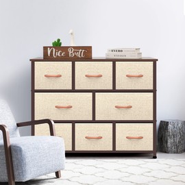 AZL1 Life Concept Extra Wide Organizer 8-Drawer Closet Shelves, Dressers Storage Chest for Bedroom, Living Room, Hallway & Nursery with Easy Pull Fabric Bins Wood Top, Beige