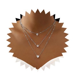 Aneneiceera Boho Layered Shiny Rhinestone Star Necklace Water Drop Crystal Love Pendant Choker Necklace Silver Chain Multilayer Necklace Jewellery for Women Girls (Silver), Metal Material, Rhinestone