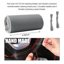 Gasedin Genuine Leather Steering Wheel Cover, Stitch On Wrap for Steering Wheel up to Diameter 15 Inches, DIY Sewing Steering Wheel Protector, Car Accessories (Gray, Glossy)