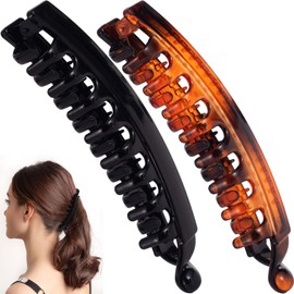 YALOJE 2pcs French Banana Hair Clips for Women, Non-Slip Hair Claws with Double Combs, Fish Shaped Vintage Hair Holder Thick Long Curly Hair Styling Accessories for Daily, Party- Black, Brown