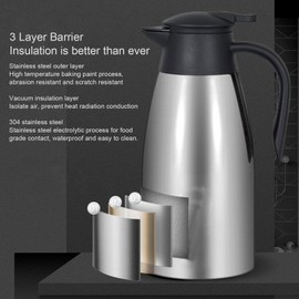 2L Stainless Steel Double Wall Vacuum Insulated Water Kettle, Hot Cold Beverage Dispenser for Home Office, Push Button Lid, Anti - Slip Bottom (Brushed Silver)