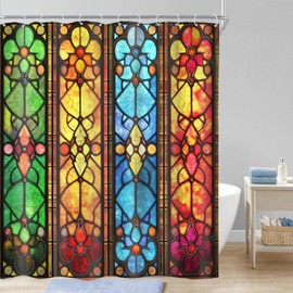 Riyidecor Abstract Stain Glass Shower Curtain 60Wx72H Inch Pretty Beautiful Window Flower Blue Green Orange Modern Cool Bath Curtains Bathroom Decor Fabric Polyester Waterproof 12 Pack Hooks