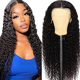 Shoaiye 13 x 4 Lace Front Real Hair Wig, Women's Curly Wave Human Hair Wig, Wear and Go Glueless Remy Pre-Plucked Natural Hairline, 150% Density, Natural Black Colour, for Woman, 51 cm/20 Inches