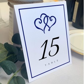 Linked Hearts and Border Wedding Table Numbers (Select Color/Quantity), White, Navy, 1-55, Double Sided, Tent or Use in a Stand, Great for Parties & Restaurants