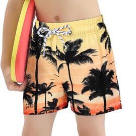 Boys Swim Trunks Toddler Swim Shorts with Compression Boxer Brief Liner Anti Chafe Quick Dry Boys Swimsuit Coconut Tree 10-12 Years