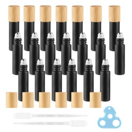 DynnnDy 20Pcs 10ml Black Frosted Glass Essential Oil Roller Bottles with Bamboo Lid Refillable Deodorant Containers with Stainless Steel Roller Balls Roll-on Bottles for Perfume Lip Gloss