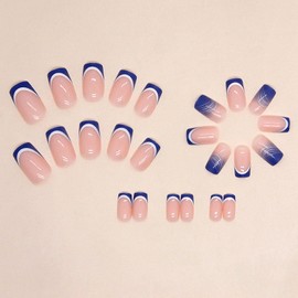 MAOTTIE Blue Press on Nails Medium French Tip Fake Nails Square Glue on Nails Ombre Translucent Nails Press ons White Lines Acrylic Nails Medium False Nails for Women 24 Pcs
