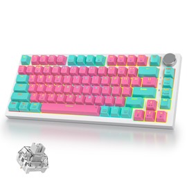 iRoboosta 400PRO 75% Wireless Creamy Mechanical Keyboard Pink, Gasket Hot Swappable RGB Gaming Keyboard, Bluetooth/2.4GHz/USB-C Cute Keyboard with Pre-lubed Cream Grey Switches (82 Pink Cyan) ﻿