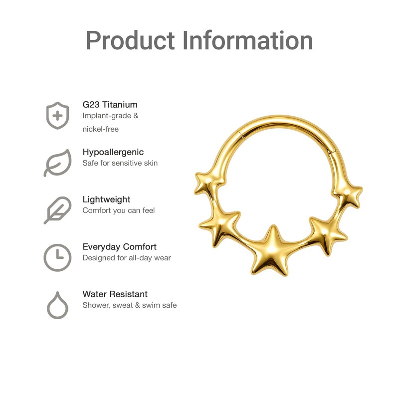 BCMON 18K Gold PVD G23 Titanium Star Septum Clicker Nose