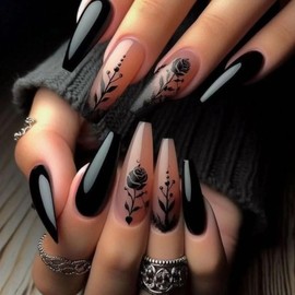 MISUD Press on Nails Long Coffin Fake Nails Glossy Glue on Nails Goth Black Acrylic Nail Supplies Ballerina Artificial Nail Art Gothic Rose Flower Stick on False Nails with Design DIY 24 pcs