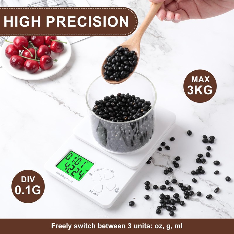 AiQInu Digital Kitchen Scales with Timer, 3 kg / 0.1