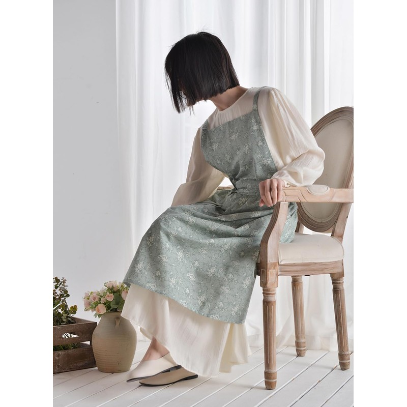LeafIn Women's Floral Apron, One-Piece Type, Cotton, Waterproof, With Pockets,