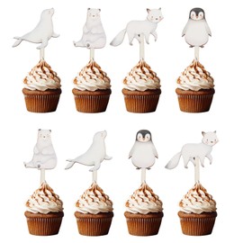 CORNER LACE Winter Arctic Polar Animals Birthday/Baby Shower Wooden Cupcake Toppers 16Pcs, Polar Bear Penguin Seal Fox Cupcake/Desserts Picks White Grey, Winter Party Decorations Supplies Favors