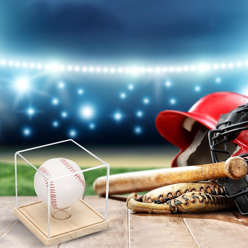 sourcing map Baseball Display Case with Wooden Round Base, Acrylic