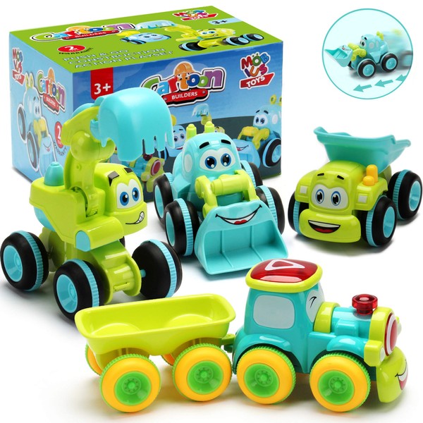 Toys for a 2 Year Old Boy - 4 Friction Powered Trucks for 3+ Year Old Boys, Push & Go Cars Cartoon Construction Vehicle Set - Best Toddler Boys Toys & Toy Trucks, Play Pull Back Car, Idea