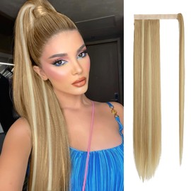 Sofeiyan Long Straight Ponytail Extension 28 inch Wrap Around Ponytail Synthetic Hair Extensions Clip in Ponytail Hairpiece for Women, Light Blonde/Platinum Blonde mix