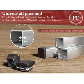PD® Lamellar Plugs 18 x 18 mm for Square Tubes - Square End Caps Made of PE Plastic - Pipe Plugs for Pipe Cover of Steel Pipe, Stainless Steel Tube, Aluminium Tube and Aluminium Profile - Square Plugs