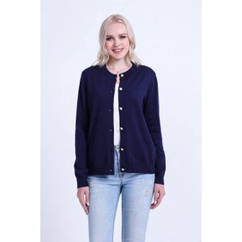 SMILING PINKER Suéter de punto con cuello redondo y botones de perlas para mujer, peso medio, Azul marino, XL