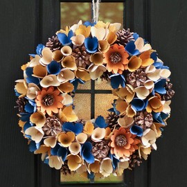 Spring Wreath Wooden Hanging Wreath Door Decoration Blue & Orange Spring Door Garland 32cm