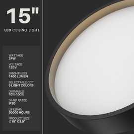 DYMOND Matte Black LED Ceiling Light 15 inch Flush Mount Dimmable Fixtures Minimalist Round 5 Colors Selectable Surface Mount Ceiling Lamp for Kitchen, Hallway, Bedroom, Living Room