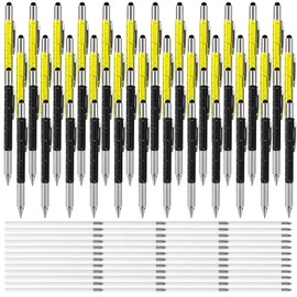 48 Pcs 6 in 1 Ballpoint Pen Multi Tool Tech Pen for Men Dad Multi Function Screwdriver Touch Screen Pen with Ruler Level Gauge Present Back to School and 48 Pcs Black Ink Refills(Yellow, Black)