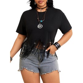 SHENHE Women's Plus Size Fringe Top Sequin Tassel Western Top Short Sleeve Cropped Going Out Tshirt Black X-Large Plus