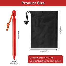 Tent Pegs, Pack of 20 Camping Pegs, Tent Pegs, Storm Proof Sand Pegs, 18 cm, Red Aluminium Pegs with Rope and Storage Bag for Hiking Camping