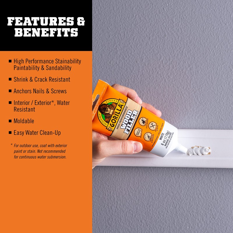 Gorilla All Purpose Wood Filler, 6oz Tube, White (Pack of