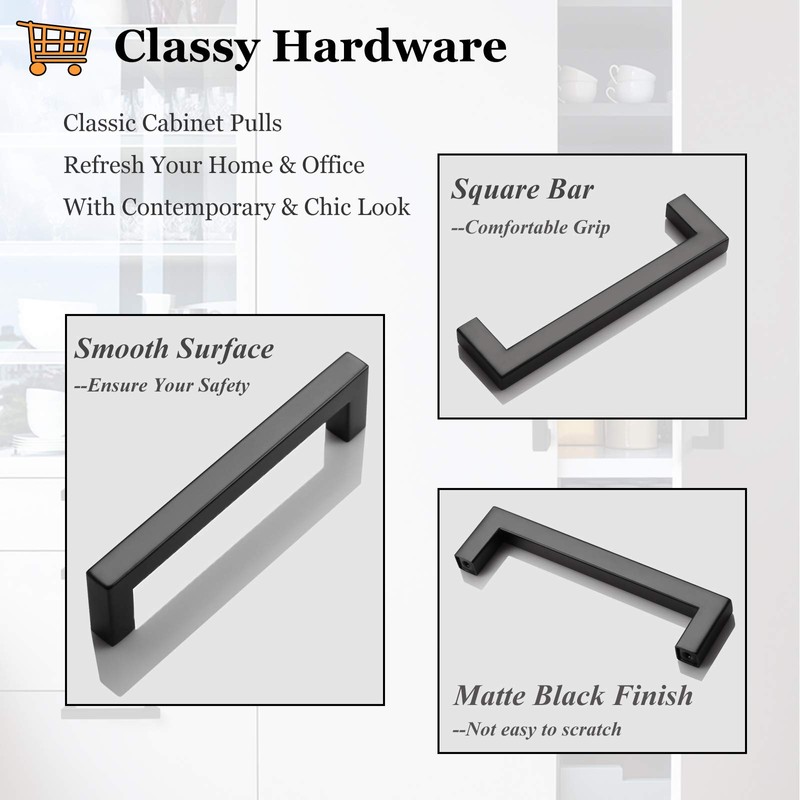 Probrico (6 Pack) Square Black Cabinet Handles 5 Inch(128mm) Hole
