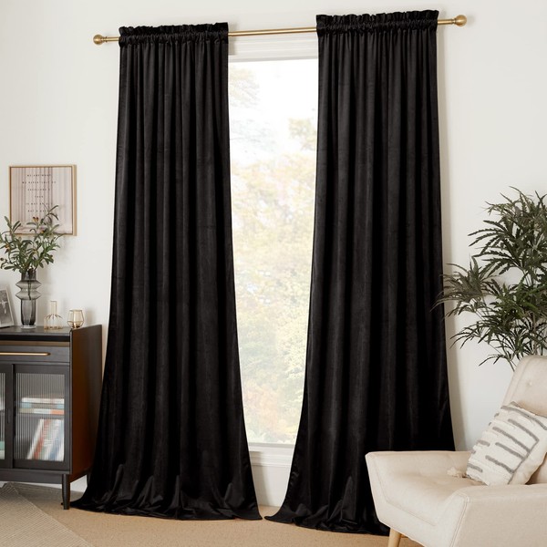 NICETOWN Black Velvet Blackout Curtains, Solid Heavy Matt Rod Pocket Drapes/Window Treatments for Hall, Theater (2 Pieces, 96 inches Long)