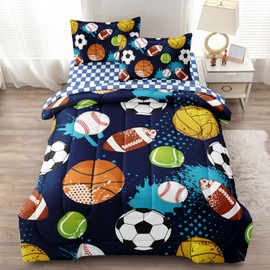 Leaflin Kids Boys Comforter Set Full Bed in a Bag w/Sheet Sets, Blue Full Bedding Sets for Teens Soccer Basketball Baseball Football Sports Themed Bedroom Decor Reversible Design