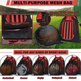 STAY GENT Drawstring Basketball Backpack for Children Teenagers Adults Foldable Football Volleyball Sports Bag with Removable Ball Mesh Bag for Gym Yoga Hiking Red Black Stripes