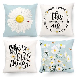 Hexagram Decorative Pillow Covers 18 x 18 Daisy Decor Outdoor Summer Couch Throw Pillow Cover Case Set of 4 Yellow Blue Floral Flower Farmhouse Sunflower Decor for Sofa Living Room Patio Home Decor