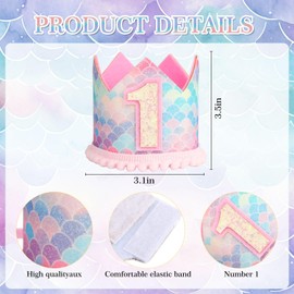 Zankubom Mermaid 1st Birthday Crown, First Glitter Crown Hat for Baby's 1st Birthday Party Photo Booth Props Girl or Boy Baby Shower Decor